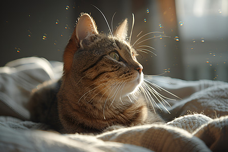 床上悠然晒太阳的猫咪图片