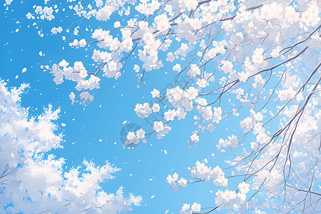 蓝天下盛开的白樱花图片