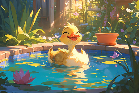 阳光花园中的快乐鸭子图片