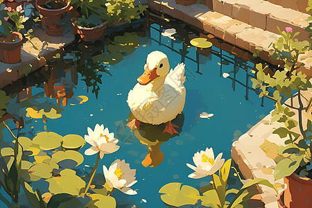 小鸭子漂浮在池塘上高清图片