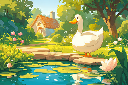 池塘边的白鸭子图片