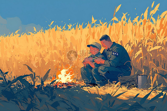 篝火旁的农民图片