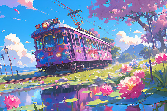 紫色火车穿过公园图片