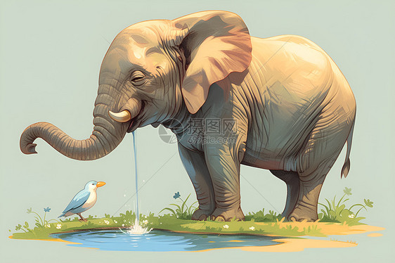 大象与鸟站在水坑旁图片