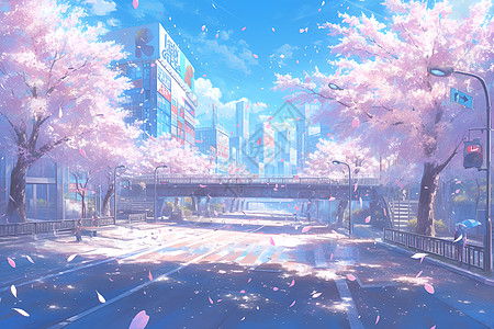 樱花飘落的街景图片