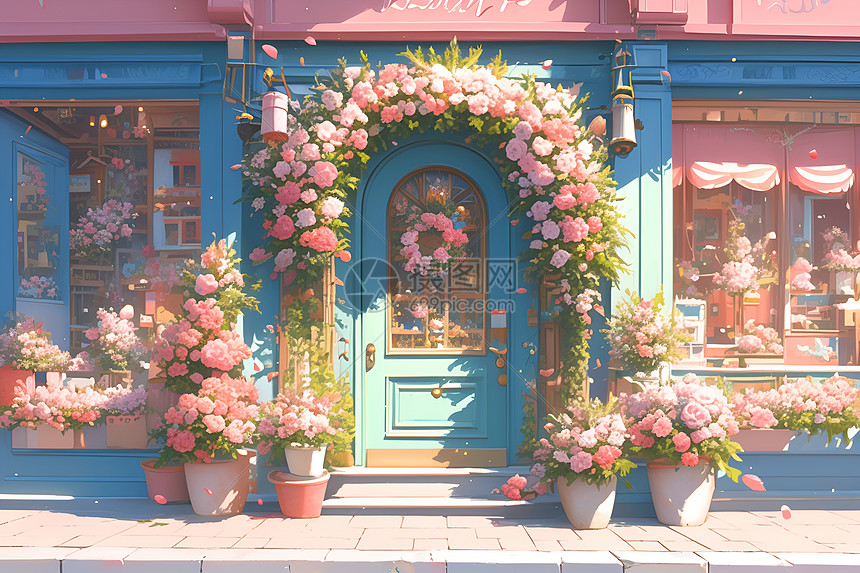 门店前的鲜花拱门图片