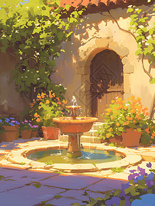 宁静春日花园中的喷泉与绽放的花朵图片
