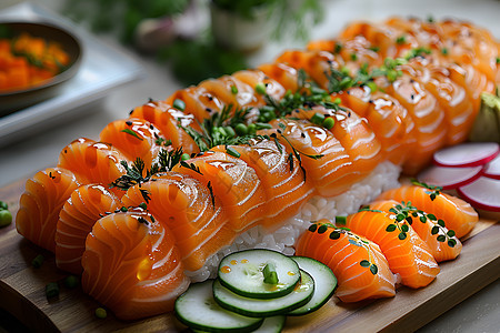 木板上的三文鱼寿司图片