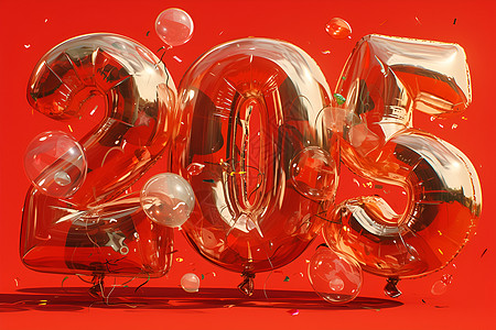 红背景下的四个华丽充气气球组成了重要的数字2025图片