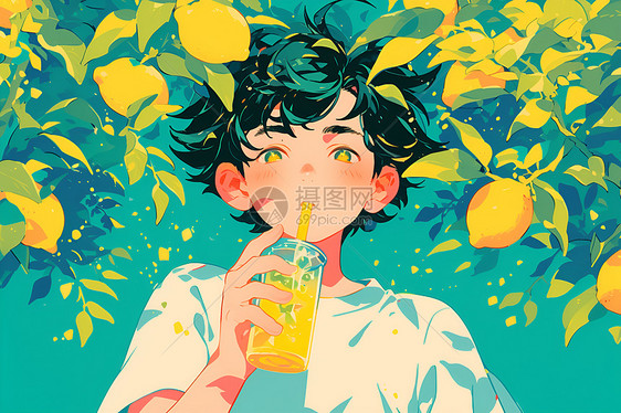 少年在柠檬树下喝饮料图片