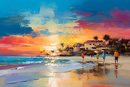 夕阳下色彩斑斓的海滩图片