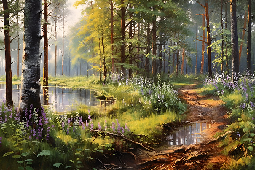 森林中的油画世界图片