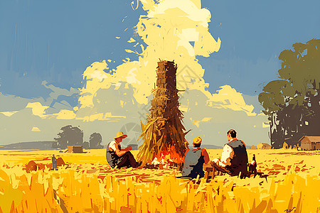 小麦素材田里的农民插画