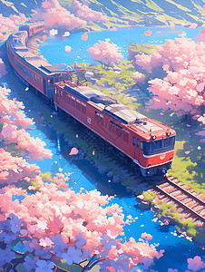 粉色火车穿行于樱花树下图片