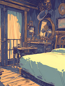 房间床木制的小屋插画