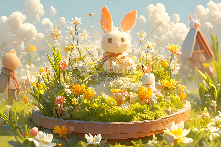 春日草地上的兔子图片