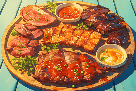 美食氛围美味烧烤盛宴现代烧烤餐厅氛围的油画插画