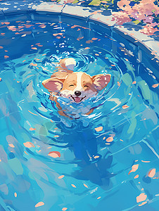 小狗闭着眼睛在泳池游泳图片