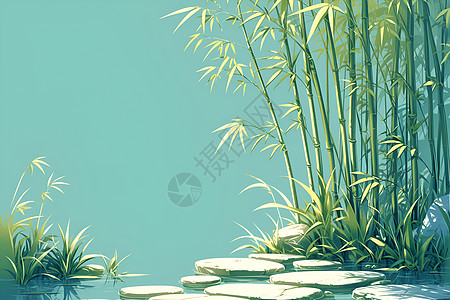 竹子在宁静的池塘中生长图片