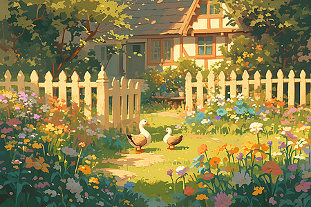 云台花园花园草地上的鸭子插画