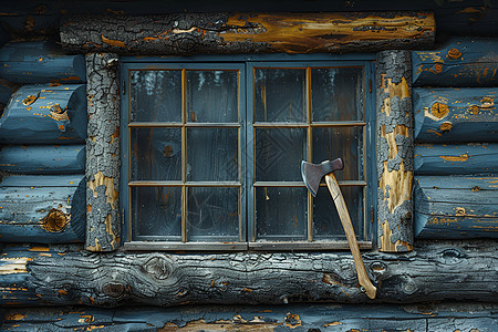 木屋窗户上的斧头图片