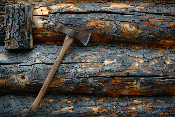 木屋墙上的斧头图片