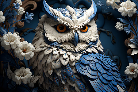 蓝白猫头鹰与花环图片