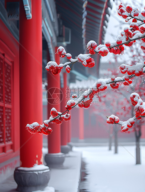 红墙白雪建筑风景图片