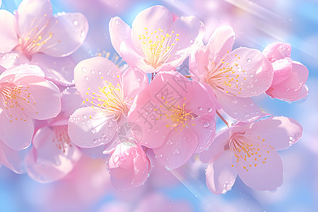 春天桃花树枝上美丽的粉色小花插画