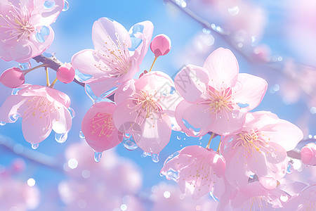 春天桃花粉色花瓣上的露珠插画