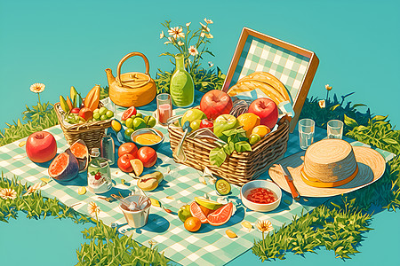 桌上食物野餐桌上的果篮插画