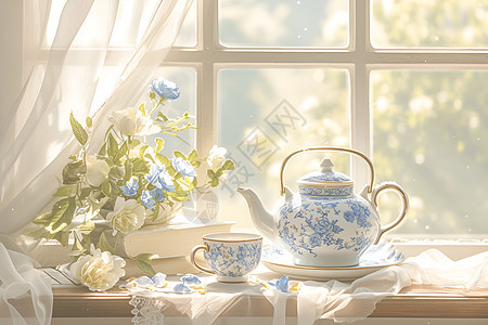 雅致的蓝白色茶壶背景图片
