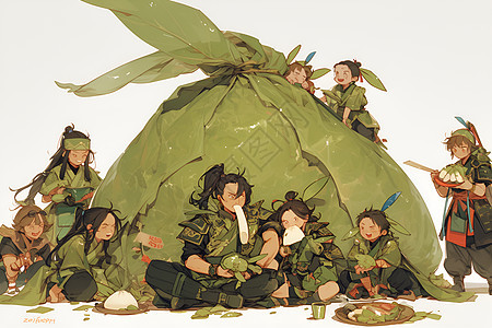 一群吃粽子的少年背景图片
