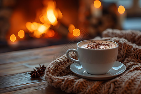 炉火旁的黑咖啡与温暖夜晚图片