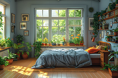 双人床和盆栽背景图片