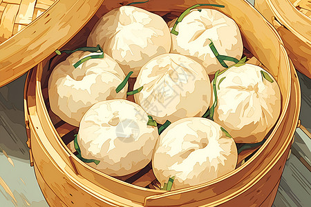 杭州小笼包香气四溢的白包子插画