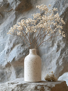 石头上的干花和白色瓷瓶图片