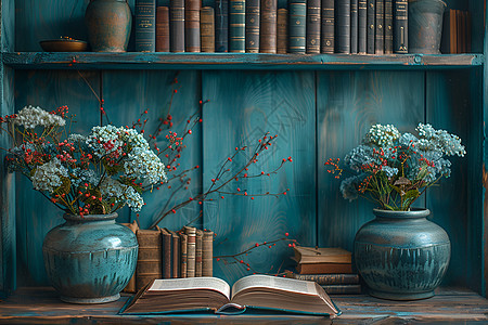 木桌上的书籍和花瓶图片