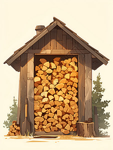 堆满了柴火的小木屋图片