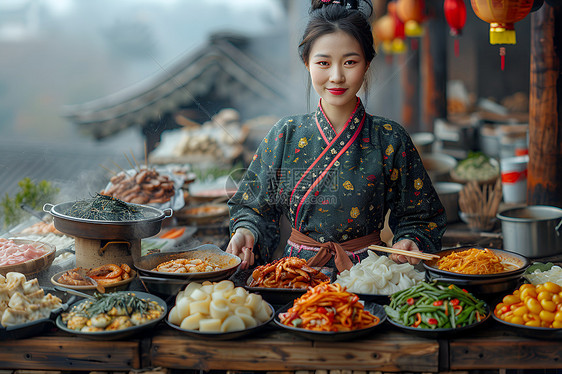 汉服女孩烹饪菜肴图片