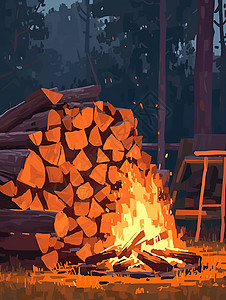 篝火旁整齐码放的柴火堆图片
