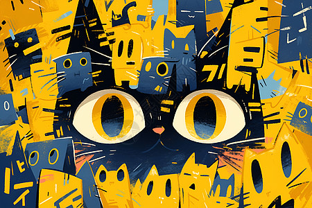可爱黄色调的猫咪涂鸦插画