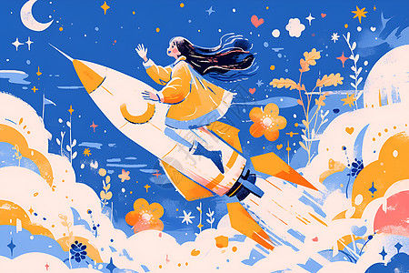 梦幻科技女孩坐着火箭上插画