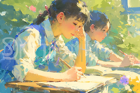 学生美女优秀学子在校园里刻苦学习插画