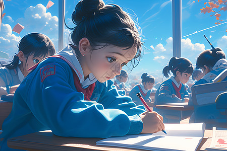 专注的小学生坐在自己的课桌前写字图片