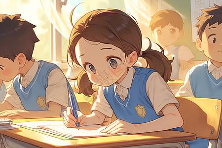 小学生穿着蓝白校服在桌前写字图片