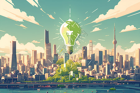 科技城市城市中的灯泡插画