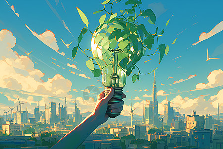 科技城市城市中的绿色能量之光插画