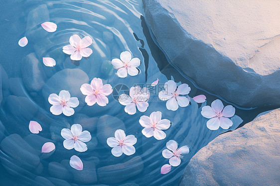 樱花瓣点缀的水池图片