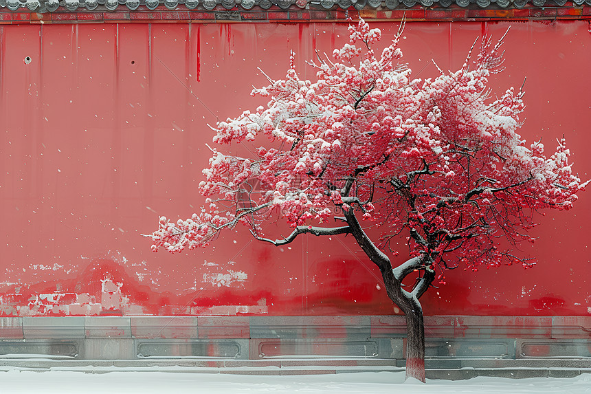 红墙前的梅花图片